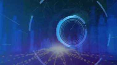 Açık mavi yay düşürdükten sonra merkez halkaları birleştirip dönen kodlar oluşturarak verileri görüntülediler. Fütürist, dijital, teknoloji, arayüz, ağ, siber, soyut