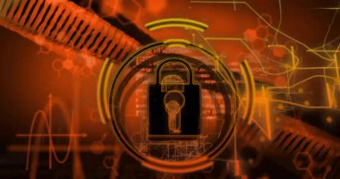 Asma kilit parlatıcısı, titreşen, tırtıklı kablo ve kodu aydınlatan parlak bölümleri başlatıyor. Güvenlik, şifreleme, dijital, teknoloji, yenilik, siber güvenlik, koruma