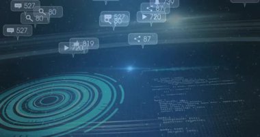 Işık titreşimi başlatılıyor, halka arayüzü kodu yayılıyor ve sosyal simgeler görsel ölçeklerin yörüngesinde dönüyor. Fütürist, teknoloji, dijital, sibernetik, sürükleyici, soyut, arayüz