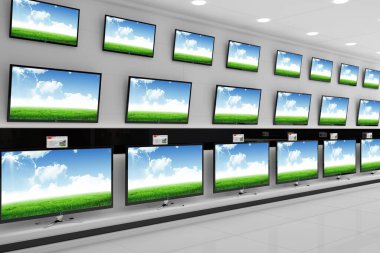 Fiyat etiketli düz ekran televizyonlar düz tasarım galerisinde yeşil çayır ve mavi gökyüzünü gösteriyor. Teknoloji, elektronik, perakende, ekran, modern, tüketici, parlak