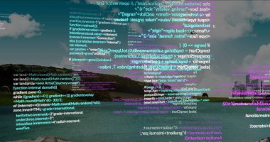 Göl manzaralı, kayalık kıyıları ve çimenli bankaları olan yarı şeffaf bilgisayar kodları. Serenity, technology, digital, nature, innovation, landscape, futurism