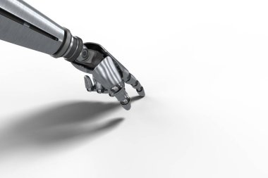 Beyaz arkaplanı gösteren gri robotik el