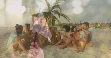 Gün batımında kumlu sahilde, dekoratif çadırı ve ışıkları olan bir grup arkadaşı yudumluyorlar. Sahil, kutlama, açık hava, boş zaman, gün batımı, arkadaşlık, rahatlama.