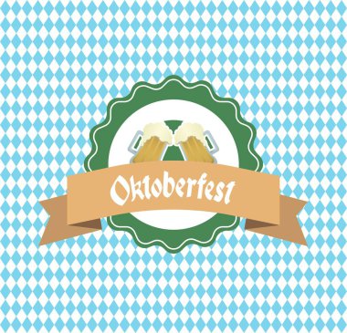 Düz tasarım yeşil rozette bira bardakları ve Bavyera desenli Oktoberfest kurdelesi bulunuyor. Kutlama, festival, geleneksel amblem, el işi, eğlence, konukseverlik.