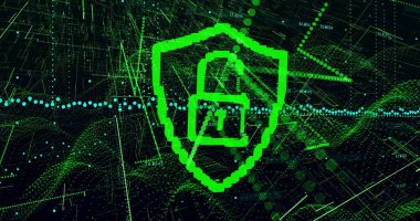 Pikselleştirilmiş yeşil kalkan, açık asma kilit aydınlatma ızgarası ve parlayan veri noktaları gösteriliyor. Siber uzay, siber güvenlik, dijital, ağ, teknoloji, koruma, veri