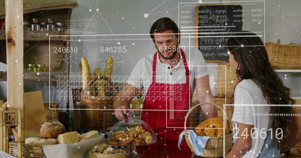 Offering apron-clad clerk pastry under dome to customer with basket at bakery counter with overlays. Artisan, retail, rustic, gourmand, craft, gourmet, consumer