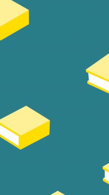 Tekrarlanan sarı kitapların animasyonu mavi arkaplan üzerinde hareket ediyor. okul, eğitim ve öğrenim konsepti dijital olarak oluşturulmuş video.