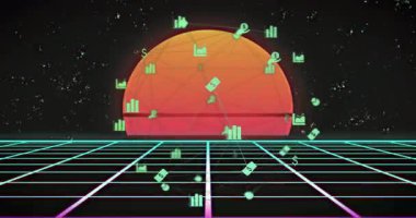 Kablo şebekesi ile açıldıktan sonra, parlayan güneşin yörüngesindeki nane yeşili veri simgeleri veri akışını yönlendiriyor. Fütürist, dijital, ağ, teknoloji, soyut, enerjik, yenilikçi