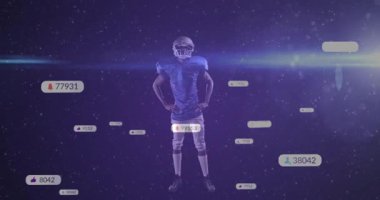 NFL oynatıcısı etrafında sürüklenen ölçüm panelleri yıldız alanındaki sosyal medya ölçümlerini ortaya koyuyor. Sporcu, dijital arayüz, fütüristik, kutlama, başarı, sanal ortam, adrenalin