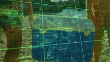 İki adam kumsal boyunca ağaç sırtında soğutucu taşırken yeşil şebeke içeriyi tarıyor. Macera, işbirliği, teknoloji, açık hava, manzara, boş zaman, yenilik