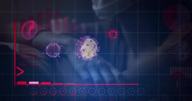 Kırmızı okun altında büyüyen aylık şebeke sürüşü, sağlık eldivenli ellerin arkasında virüsün yükseldiğini gösteriyor. Salgın, salgın, veri görselleştirme, sağlık, epidemiyoloji, enfeksiyon, analiz