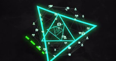 Küresel simgeler çizgilerle birleşerek sarmal fraktal, demir ve kiriş süpürme üçgenleri oluşturur. Dijital, fütüristik, soyut, bağlantı, teknoloji, yenilik, ağ