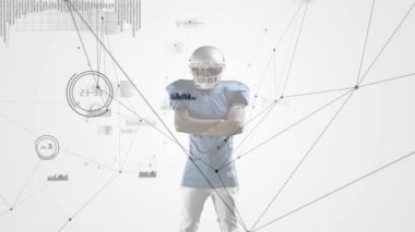 Değişken çizgiler sporcunun kollarını açmasına neden oluyor, sonra dinleniyor ve teknoloji düğümlerinin birleştiğini gösteriyor. Sporcu, dijital arayüz, futuristik, spor, teknoloji, bağlantı, ağ