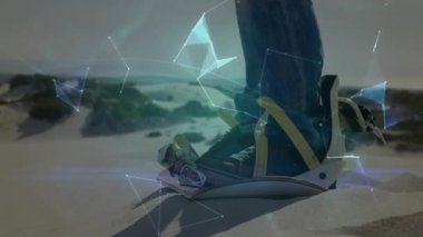 Erkek ayağının kumda aktifleşmesi, düğümler oluşturması, teknolojik haritalama için 3 boyutlu bir küre oluşturması. Güçlendirilmişlik, dijital haritalama, hava şartları teknolojisi, gelecekçi, yenilik, açık hava, bilim