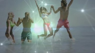 Arkadaşlar suya atlarken el kaldırıyor ve şebeke hareketlendiriyor. Macera, yoldaşlık, kutlama, su, bağlantı, coşku, eğlence.