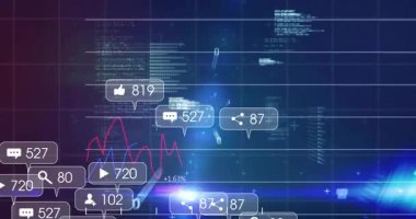 Şebeke açılışı, sosyal medya simgeleri ve satır grafikleri ölçümleri güncellerken kod panellerinin kaymasına neden oluyor. Dijital, geleceksel, veri, teknoloji, analitik, görselleştirme, neon