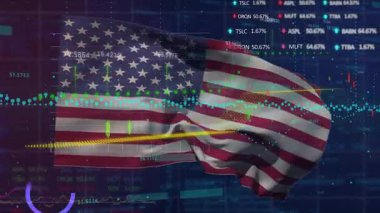 Yükselen sarı akım noktalar ve çubuklarla bayrak dalgalanması piyasa görselleştirmesi. Vatanseverlik, finans, veri görselleştirme, dijital, ekonomi, hisse senedi, teknoloji