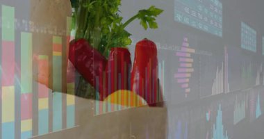 Başlangıç çubuğunda ürün torbasının, çizgi grafiğinin ve çubukların gerisinde kaybolan görselleştirme verileri. Analizler, veri görselleştirme, bilgi, finans, büyüme, istatistik, iş