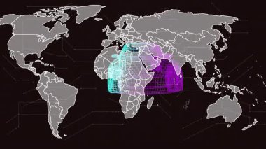 Başlangıçta Afrika üzerinde yüzen kablo çerçeveli araba Avrupa 'ya yayılıyor, Asya da büyü kümelerini gösteriyor. Fütürist, dijital, yenilik, bağlantı, teknoloji, soyut, küresel
