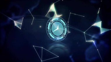 Saat işliyor, düğümler kümeleniyor, küre oluşturan parçalar, ağı göstermek için el yakalayan dünya. Fütürist, teknoloji, dijital, ağ, yenilik, siber, soyut