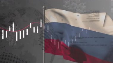 Rus bayrağı dalgalanıyor, bar çizelgesi düşüyor, yükseliyor, dalıyor, noktalı harita üzerinde toparlanıyor. Finans, pazar, analitik, ekonomi, veri görselleştirme, küresel, yatırım