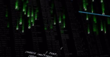 Bulanık kod, yeşil çift haneli basamaklarla başlıyor. Mavi tarama çizgisi tarama ve aydınlatma kodu olarak üst üste geliyor. Teknoloji, siber güvenlik, dijital, fütüristik, animasyon, veri, yenilik