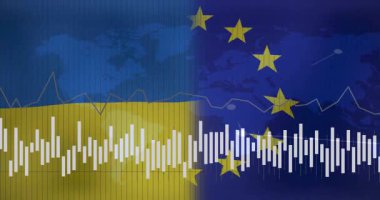 Bölünmüş Ukrayna ve AB bayraklarının açılması dalgalanan dalgalanmalar ve veri bağlantıları haritalayan grafikler. Diplomasi, uluslararası ilişkiler, veri görselleştirme, dijital grafikler, jeopolitik, işbirliği, teknoloji