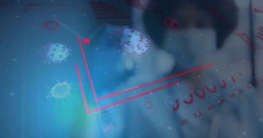 Maskeli klinisyen virüs şebekesine dokunuyor ve şişeye odaklanırken yükselen aşı şemasını canlandırıyor. Tıbbi, yenilik, veri, bilim, araştırma, teknoloji, sağlık