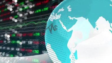 Başlangıçta Cyan küresel dönüşler, altıgen ızgaralar zayıflıyor, kalp çizelgeleri canlandırılıyor, güncelleme için NEWS içeri kayıyor. Kozmoloji, veri görselleştirme, teknoloji, finans, dijital, yenilik, analitik