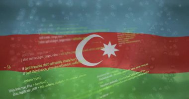 Azerbaycan bayrağı, dijital kaymayı temsil eden kod olarak dalgalanan ve kayan bir çerçeve. Vatanseverlik, teknoloji, yenilik, dijital, siber güvenlik, modern, ulusal