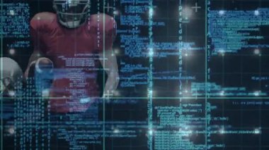 Kod örtüşmesi zayıflayan futbolcunun şebekeden hızla geçerek savunma oyuncusunun teknolojiyle mücadele ettiğini gösteriyor. Dijital, geleceksel, spor, eylem, teknoloji, rekabet, yenilik