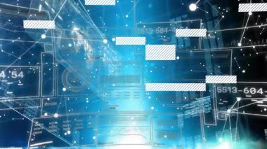 Parlak mavi parlaklığı başlatan ağ görselleştirme merkezi küresel ve izleme için kaydırma panelleri. Dijital, geleceksel, teknoloji, veri, analitik, ağ, yenilik