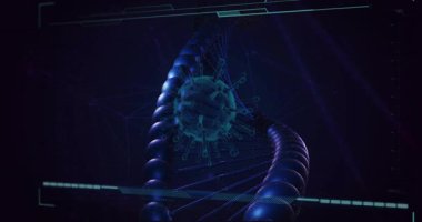 Ortaya çıktıktan sonra DNA sarmalı ve viral küre moleküler etkileşimi döndürür, yer değiştirir ve görselleştirir. Fütürist, bilimsel, moleküler, biyomedikal, teknoloji, veri görselleştirme, dijital