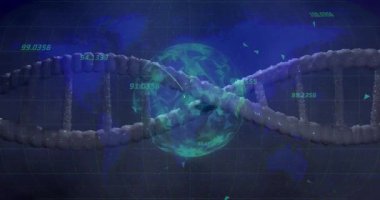 Yanlardan giriliyor, moleküler iplikler küre etrafında dönüyor örtüler sergiliyor, verileri görselleştiriyor. Fütürist, veri görselleştirme, bilim, dijital, soyut, teknoloji, yenilik