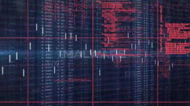 Kırmızı kodlu dijital şebeke tarama hattı MALWARE uyarı tehdidini açıklarken kayıyor. Siber güvenlik, veri görselleştirme, dijital arayüz, tehdit algılama, teknoloji, ağ güvenliği, fütüristik