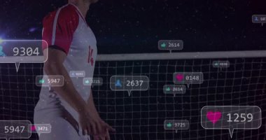 Futbolcu topu yakalıyor ve sosyal sorumluluk simgeleri pazarlama için yükselirken voleybol oynuyor. Sporcu, spor, yarışma, takım çalışması, dijital, canlı, dinamik