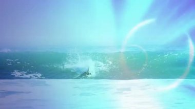 Dalgalanan sörfçü, armayı yakalayan, teknoloji halkalarına binen, sörf tahtası etrafında kasılan. Macera, hareket, dijital etki, okyanus, adrenalin, spor, zarafet