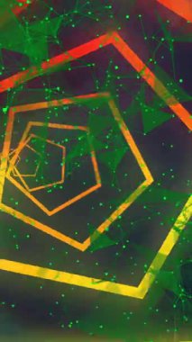 Koyu arkaplanda kırmızı ve sarı altıgen tünel üzerindeki yeşil ağın animasyonu. Bağlantı, veri, ağ, işlem ve iletişim, dijital olarak oluşturulmuş video.