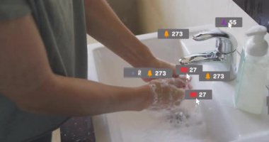 Canlandırılmış sosyal medya simgeleri muslukta genişleyip zayıflarken orta yaşlı bir kadın ellerini köpürüyor. Hijyen, temizlik, dijital etkileşim, yaşam tarzı, minimalizm, sağlık, teknoloji