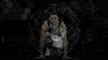 Sporcu çömelmiş atlama koşusu, ağ küresi, vücut taraması ve spor teknolojisi ölçümlerini güncelliyor. Yenilik, biyomekanik, performans, sanal gerçeklik, fitness, dijital, fütürist