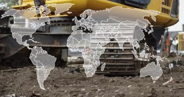 Kazı araçlarına yakınlaştıran kamera molozların üzerinde gıcırdarken ağ bağlantıyı gösteriyor. İnşaat, mühendislik, teknoloji, sanayi, altyapı, bağlantı, kentsel