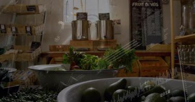 Çekim başlangıcı verileri, titreşimli sayılar, dalgalar, grafikler ve işaretli oklar ile örtüşüyor. Üretim, pazar, taze, organik, ekran, dijital, görselleştirme