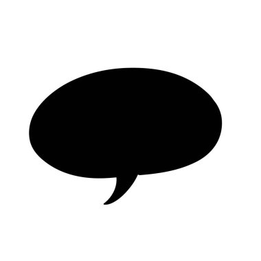 Siyah konuşma balonu düz tasarımda, minimalist grafikte, kopyalama alanında beyaz zeminde yüzüyor. Simge, grafik, vektör, tasarım, minimalizm, iletişim, markalaşma
