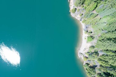 Güneşli bir günde turkuaz nehrin orman havadan görünüşü