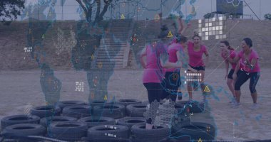 Park alanında hazır bekleyen altı kadın, lastikli ve dijital kaplamalı pembe spor kıyafetleri giyiyorlar. Spor, takım çalışması, açık hava, atletizm, sağlık, eğitim, işbirliği