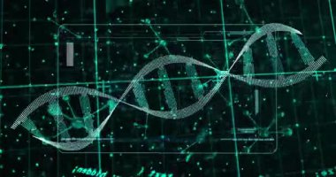 DNA sarmal gelişen tarama çizgisi, düğümler ve kod çalışmalar için yoğunlaşırken darbelerin merkezde olmasına neden oluyor. Teknoloji, genomik, yenilik, dijital, bilimsel, gelecekçilik, görselleştirme