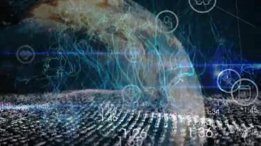 Işık matrisi dünyayı döndürüyor, ağ hatları akıyor, ikonlar bağlantı göstermek için büyüyor. Teknoloji, dijital, bağlantı, veri, siber alan, ağ, yenilik