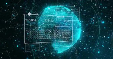 Küçülen holografik dünya, küresel veri panellerini görselleştiriyor, ağ üzerinden numaraları güncelliyor. Teknoloji, veri, yenilik, fütürist, dijital, ağ, görselleştirme