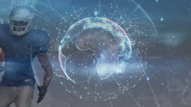 Dönen dünya, futbolcuyu çalıştırıyor, koşuyor, sarıyor, spor simülasyonunda pas atıyor. Futuristik, teknoloji, spor, animasyon, dijital, dev, kusursuz