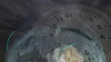 Arkaplan küresi dönerken, saat kolları ilerlerken, yay ve ay diski zaman kaymasını gösteriyor. Uzay, evren, dönüş, zaman, navigasyon, evren, astronomi